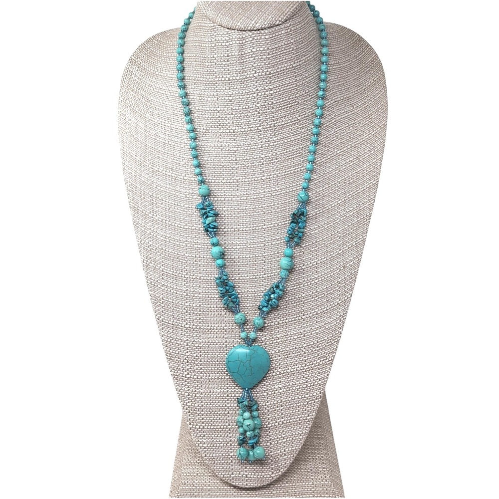 Heart Statement‎ Long Necklace Faux Turquoise Beaded Southwestern Style Tassel